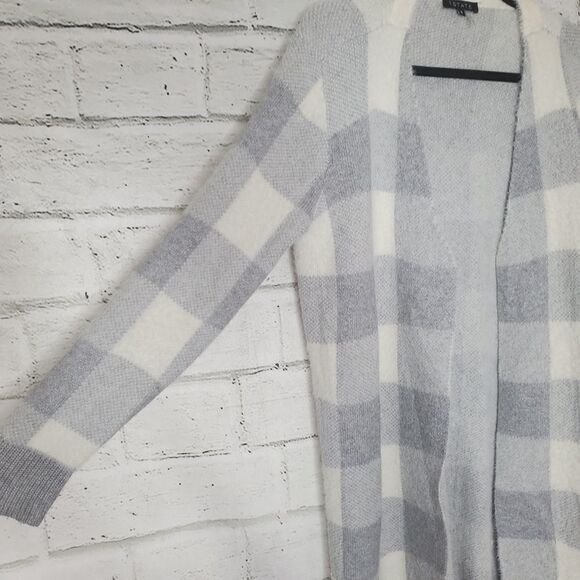 1. STATE cozy check plaid open front cardigan sweater gray white small soft - Picture 4 of 10